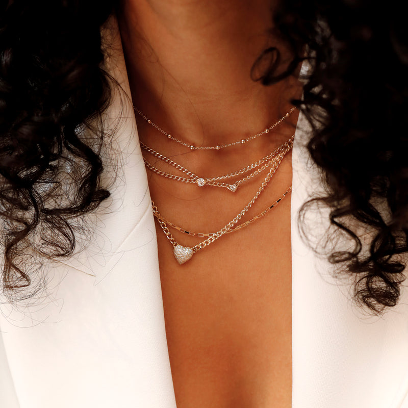 sarah elise diamond puffer pendant necklace in cuban chain with multiple stack necklaces