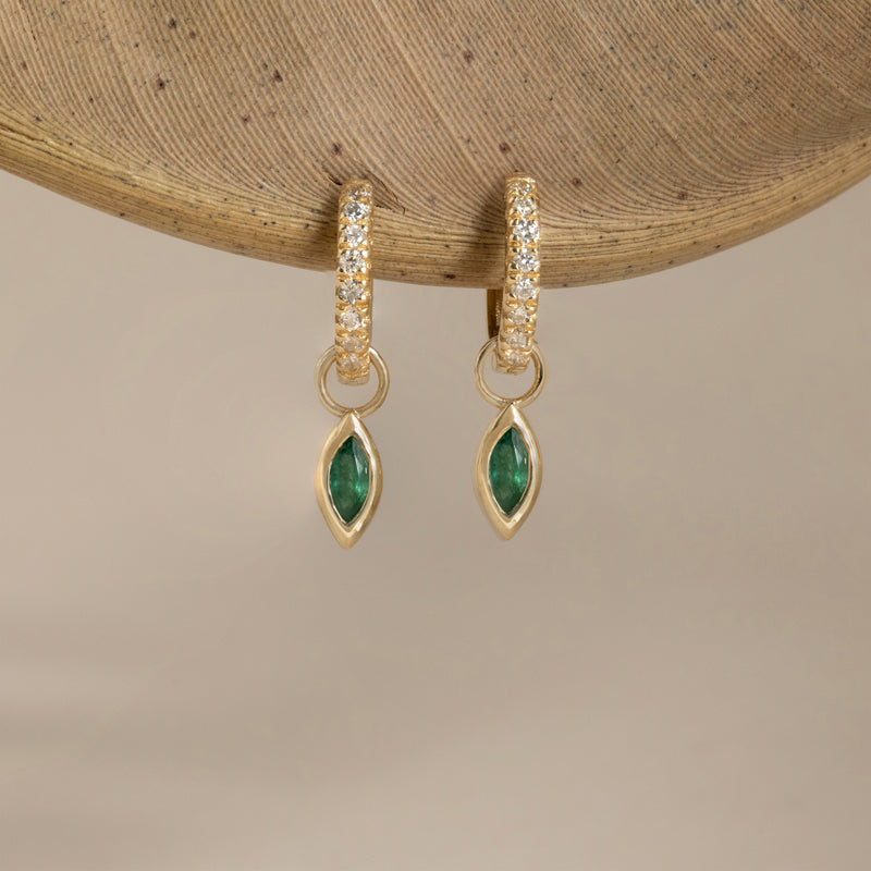 Marquise emerald charm huggies lined in natural diamonds handmade solid 14k gold