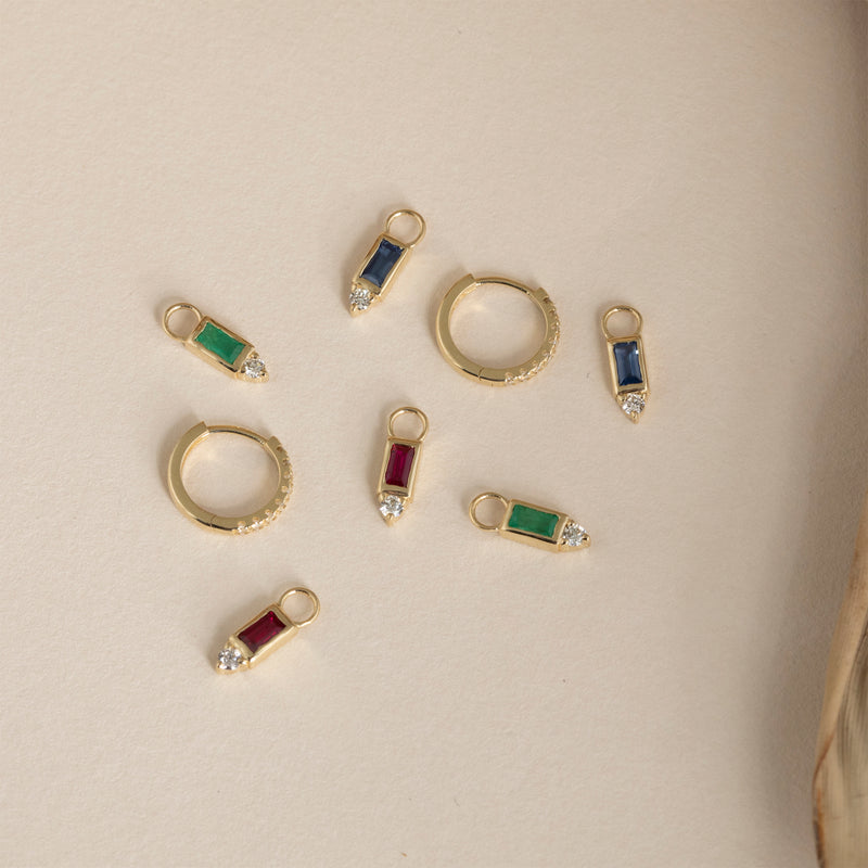 bezel set baguette cut earring charms with diamonds