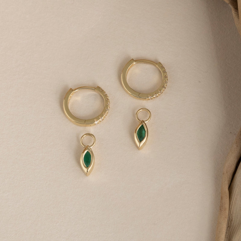 natural emerald may birthday marquise cut stone charm for huggies in solid 14k gold