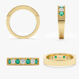 14k solid gold ring with natural round emeralds and white diamonds