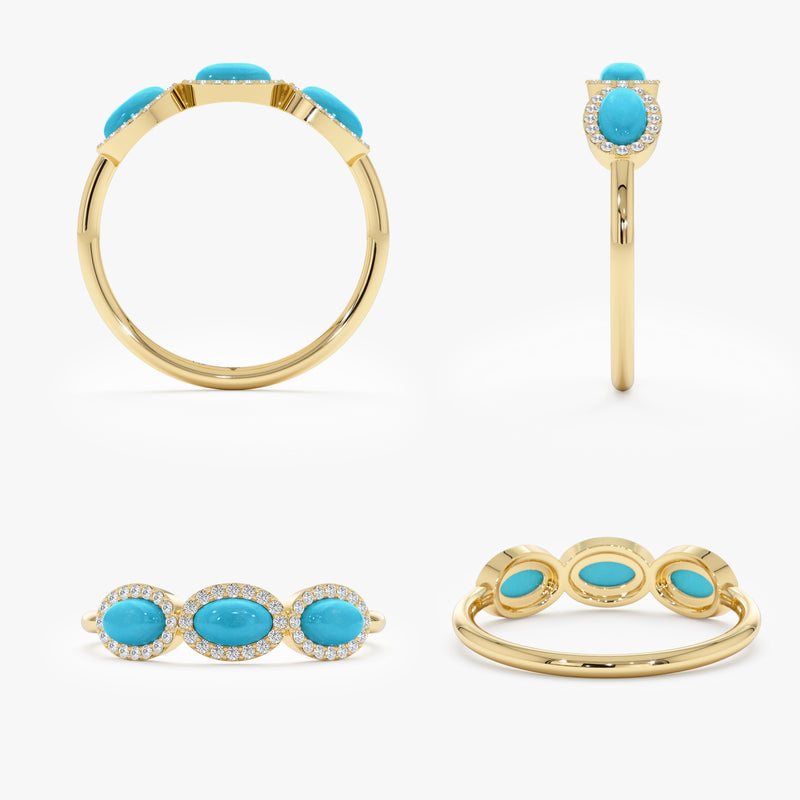 14k solid gold ring with oval cut turquoise and white diamond halo