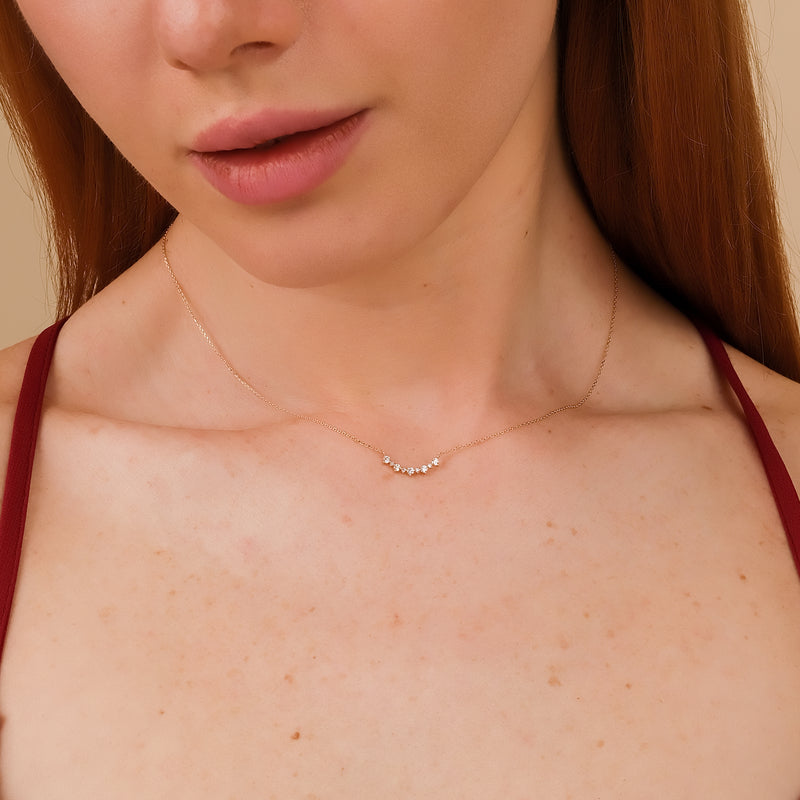 dainty solid gold curved diamond bar necklace for her