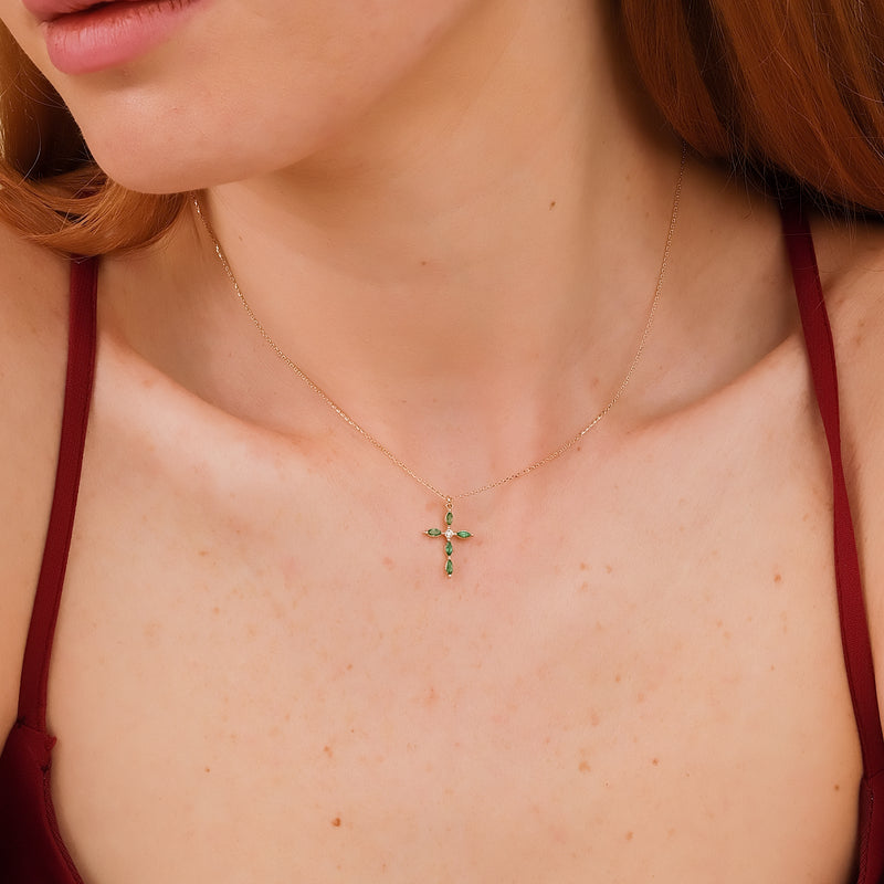 petite natural emerald cross pendant necklace for her