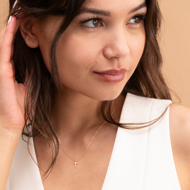 minimalistic design solid gold cross necklace with paved diamonds for her