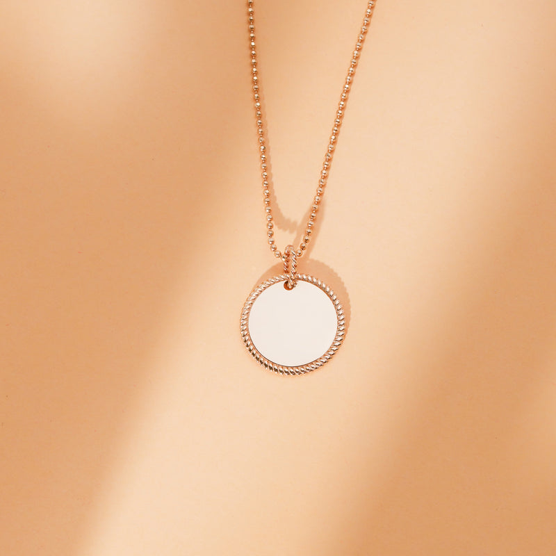 handcrafted solid 14k gold ball chain with engravable disc pendant