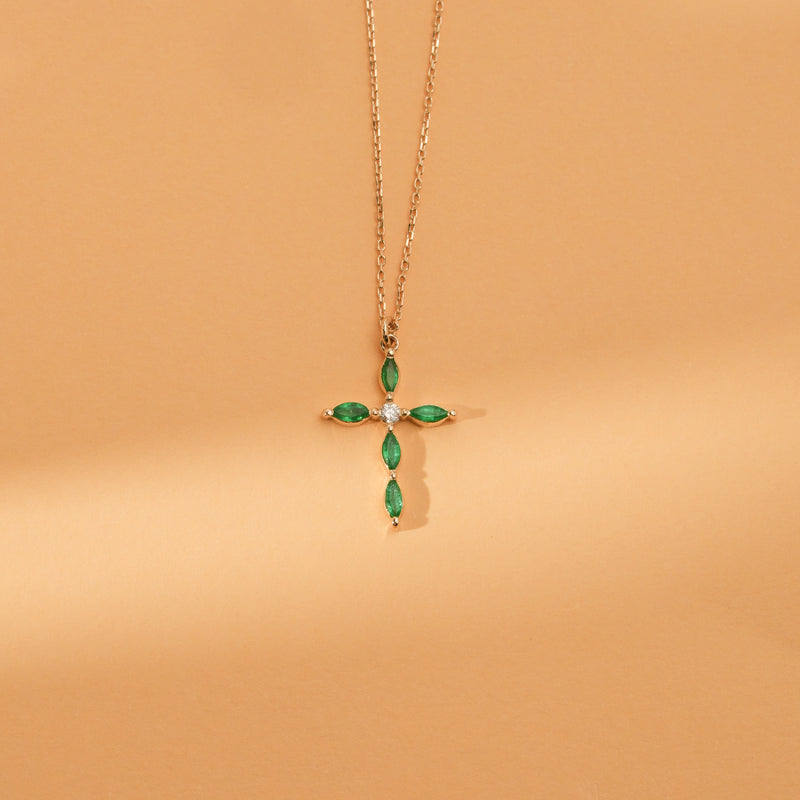 Marquise Emerald Cross pendant necklace for her in solid gold