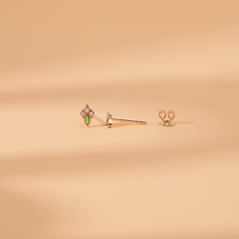 Sideview of petite marquise Emerald May birthstone with Diamonds Studs