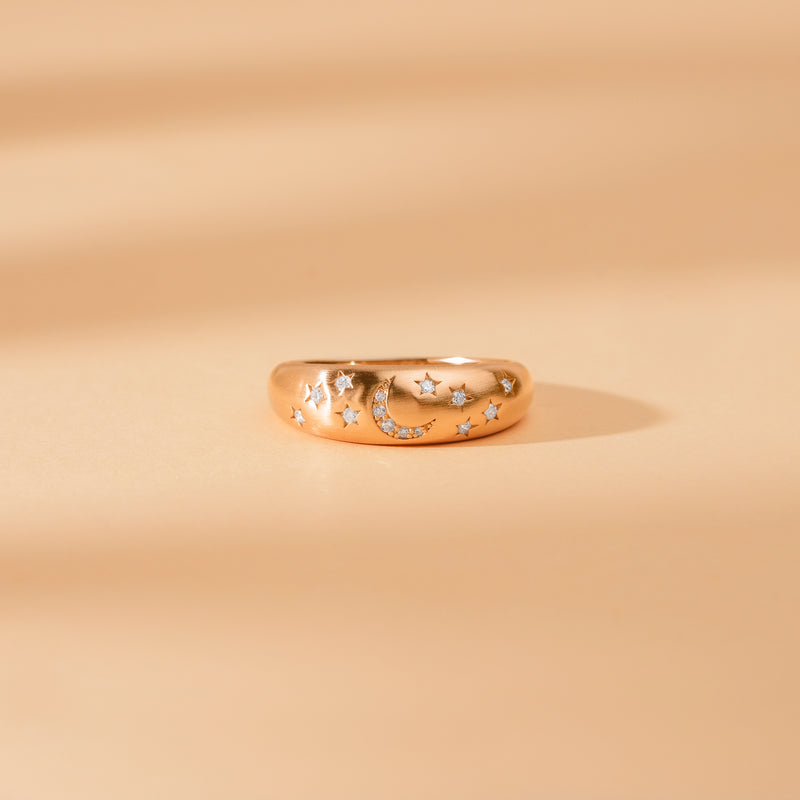 Brushed Gold Moon and Stars Dome Ring