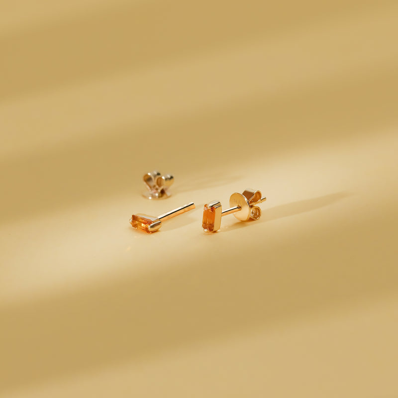 Pair of handcrafted citrine baguette stud earrings in 14k solid gold gift for her