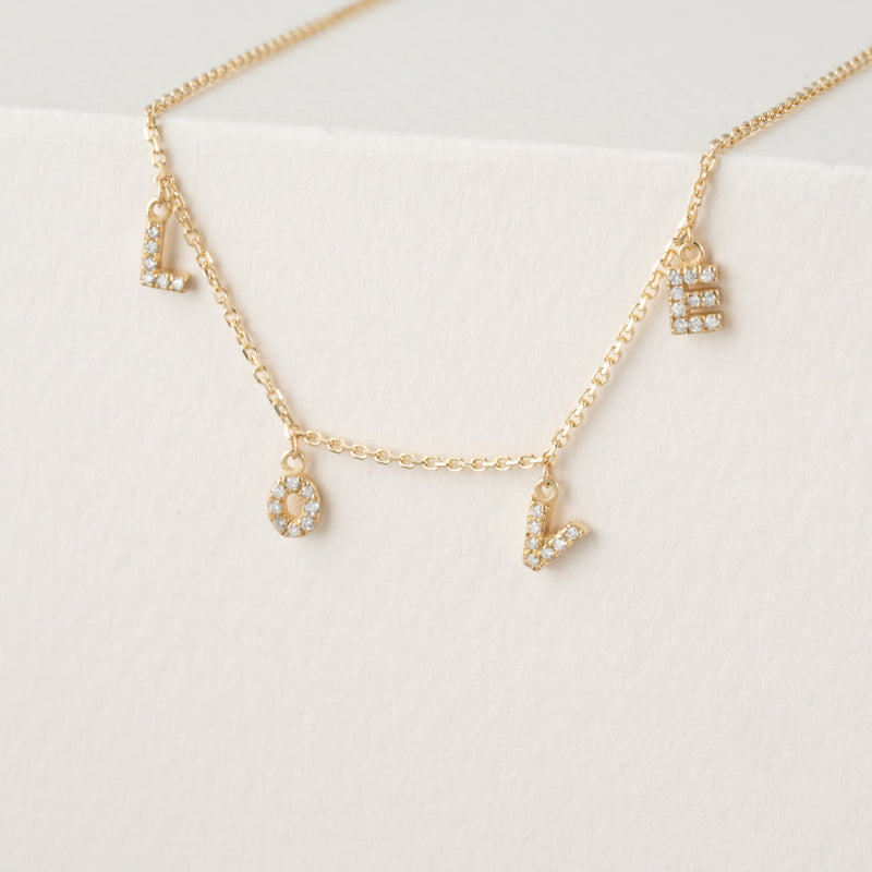 hanging Diamond letters love Necklace in solid gold