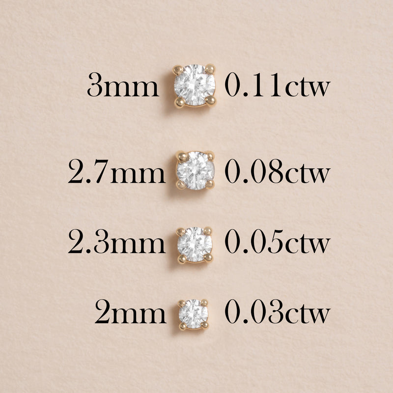 Multiple sizes available of 4 prong diamond stud earrings in 14k solid gold. 