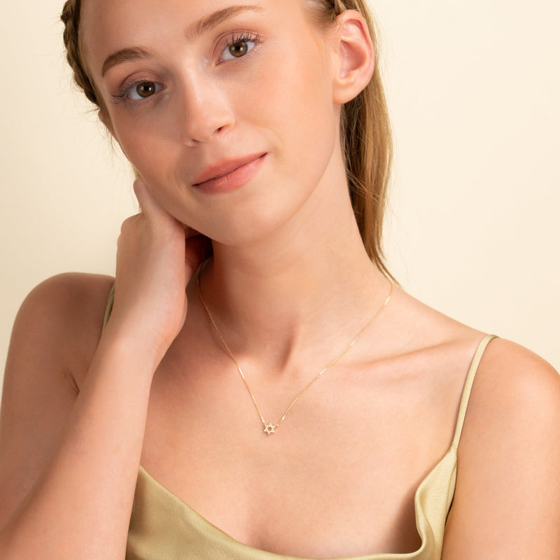 Solid Gold Natural Diamond David Star Necklace