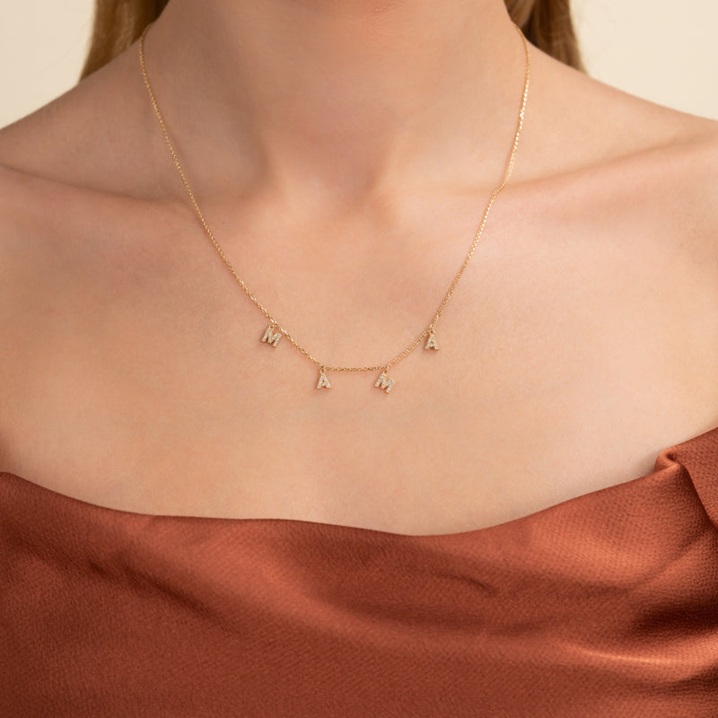 dainty capital letter mama charm necklace with natural diamonds 