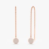 Pair of 14k solid rose gold threader hanging earrings with paved diamond disc handmade