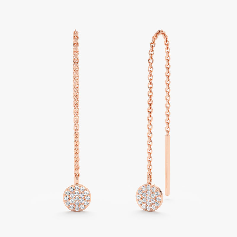 Pair of 14k solid rose gold threader hanging earrings with paved diamond disc handmade