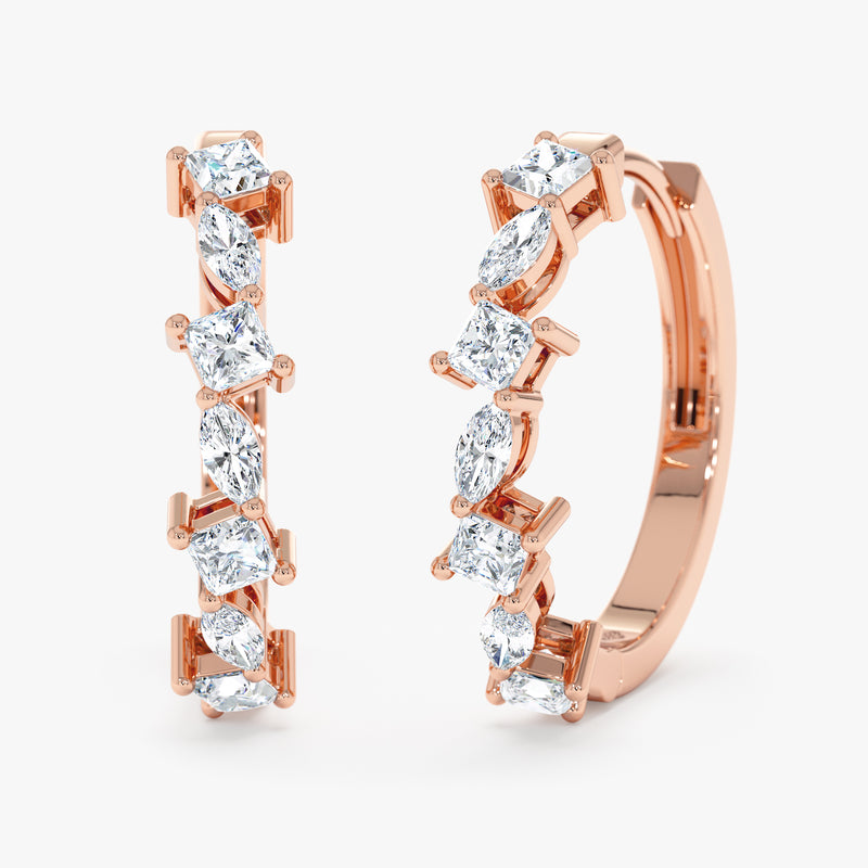 18k solid rose gold hoop earrings with mixed cut diamonds