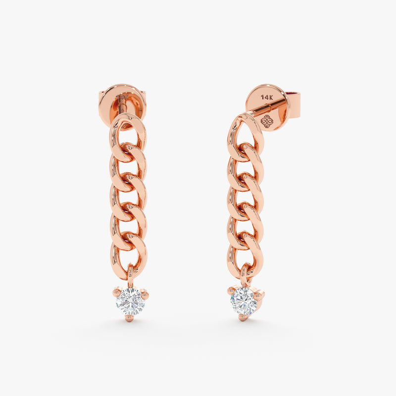 Pair of chic 14k solid rose gold hanging cuban chain stud earrings with 3 prong set diamond