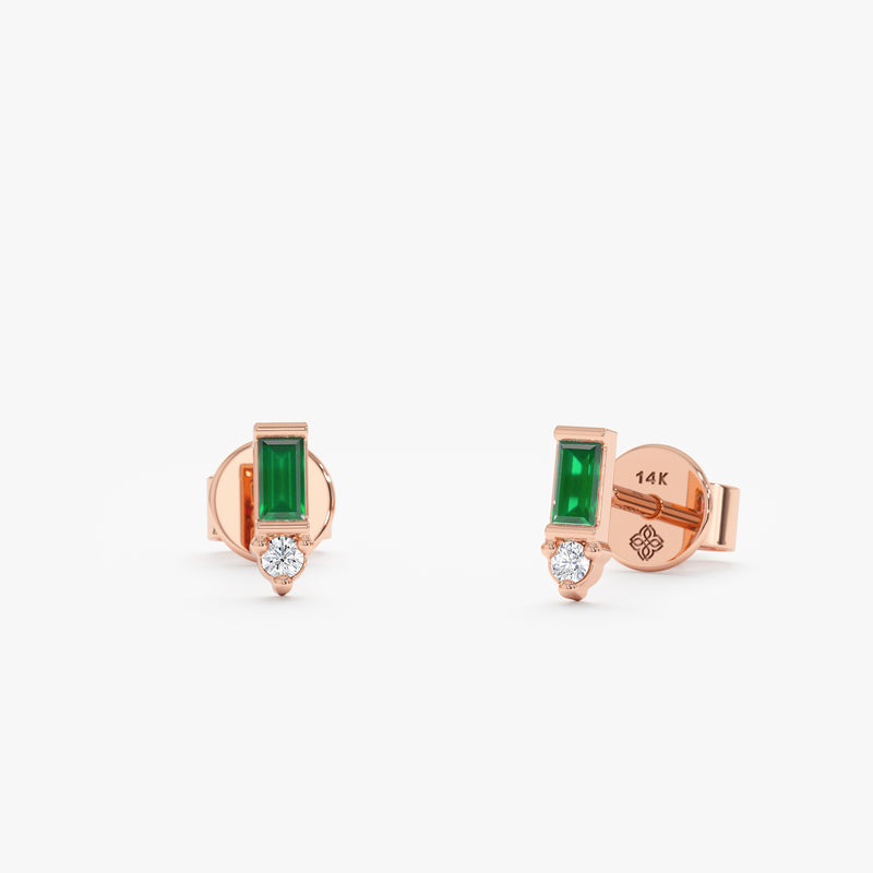 handmade solid 14k rose gold emerald stud earring with diamond