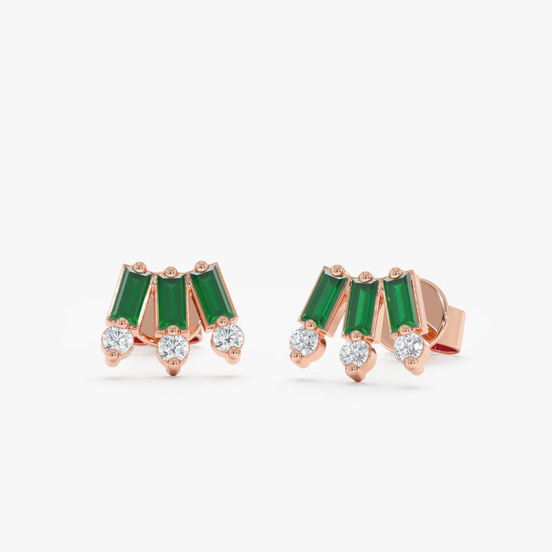 handmade pair of solid 14k rose gold triple emerald baguette with three diamond prong stud earrings