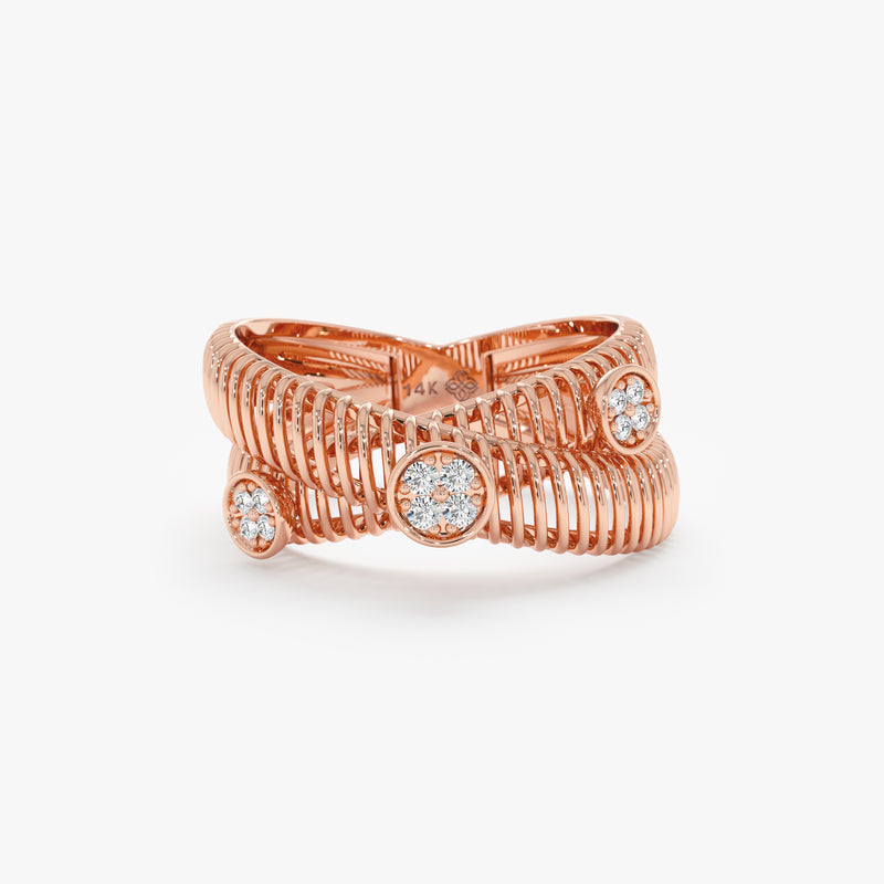 Double Ribbed Ring, Textured X Ring in Rose Gold