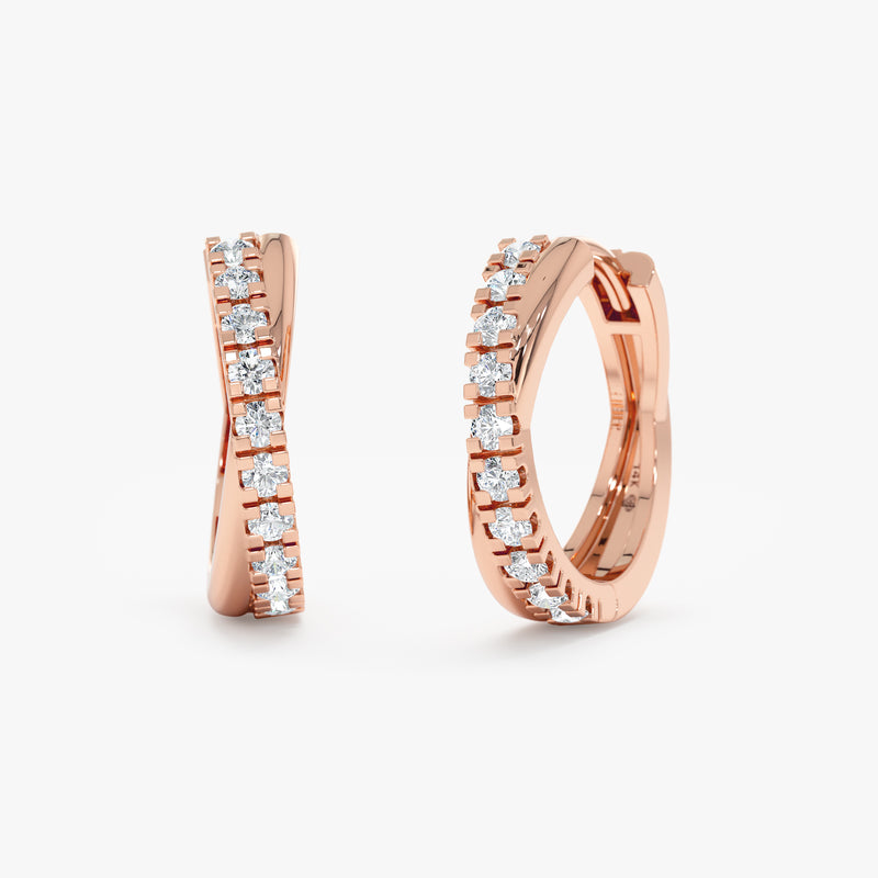 cross over 14k solid rose gold huggie hoop earrings
