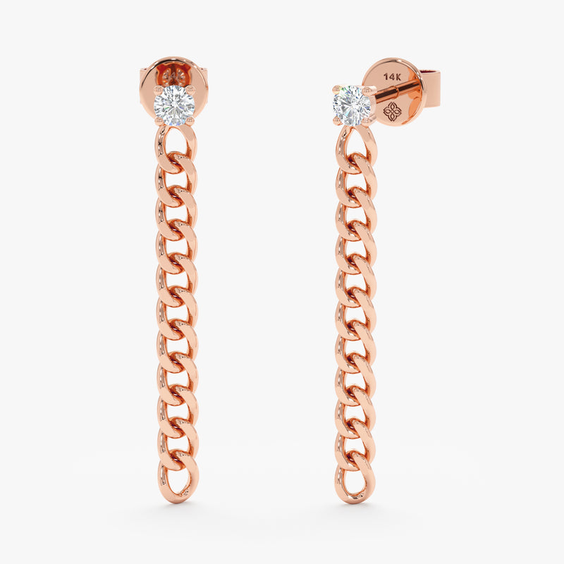 Pair of single diamond stud earrings with hanging cuban chain in 14k solid rose gold. 