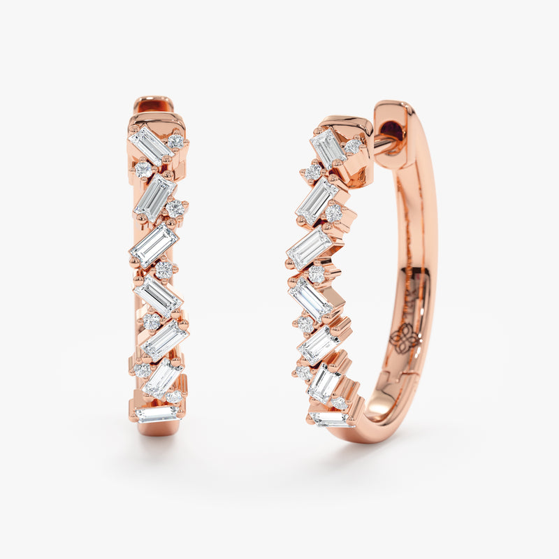Pair of handmade solid 14k rose gold earring hoops with stacked baguette diamonds