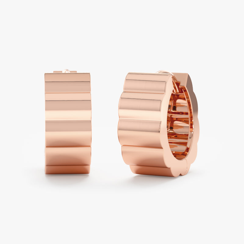 Solid 14k rose gold grosgrain design thick hoop huggies 