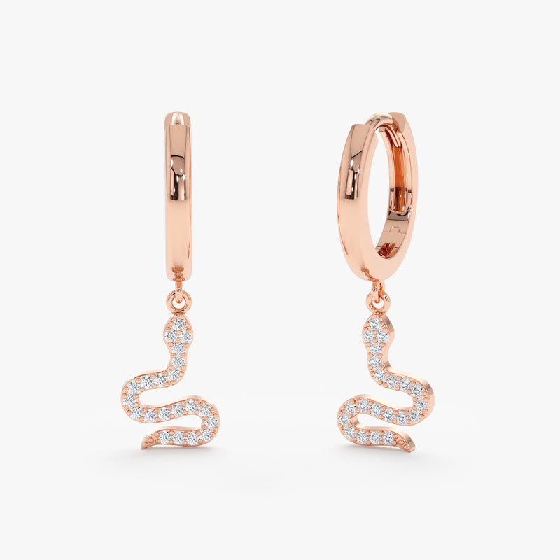 Pair of 14k solid rose gold snake charm huggie earrings 