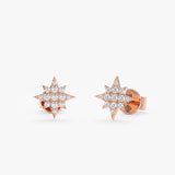 handmade pair of 14k solid rose gold starburst star stud earrings with paved diamonds