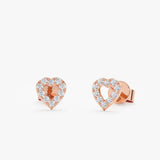 handmade solid 14k rose gold heart outline diamond stud earrings
