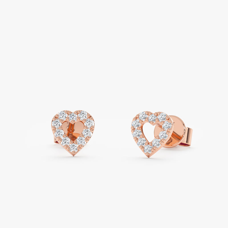 handmade solid 14k rose gold heart outline diamond stud earrings
