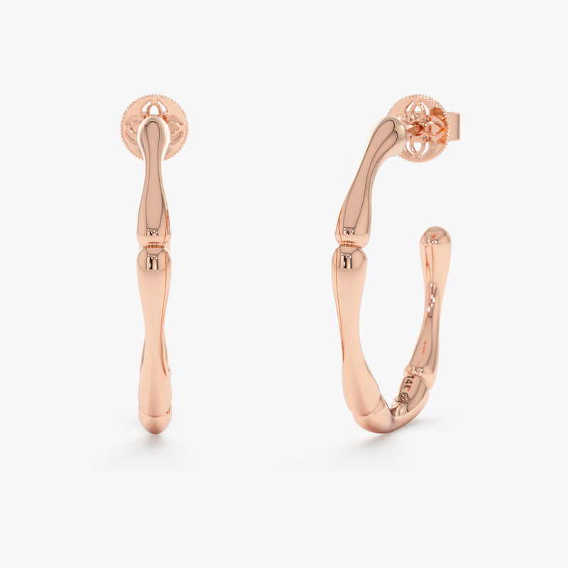 Gold Wavy Hoop Earrings, Bamboo Design, Queniva