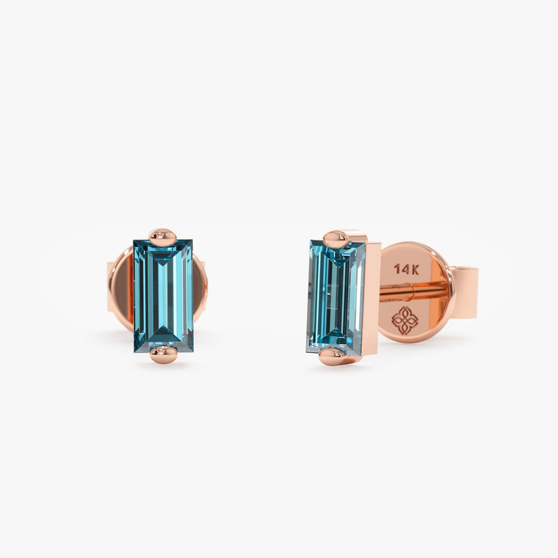 handmade pair of 14k solid rose gold blue topaz baguette cut stud earrings