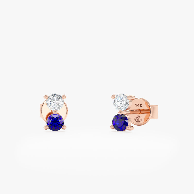 Pair of double stone 14k rose gold stud earrings with single blue sapphire and diamond