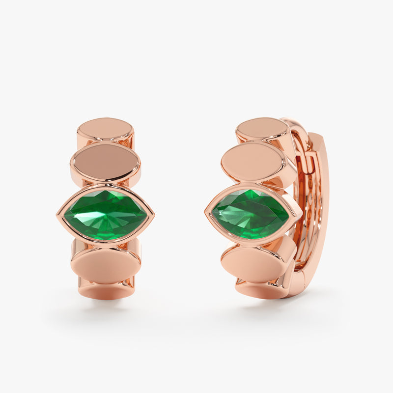 Natural Marquise-Cut Emeralds, Minimalist Huggies in Rose Gold