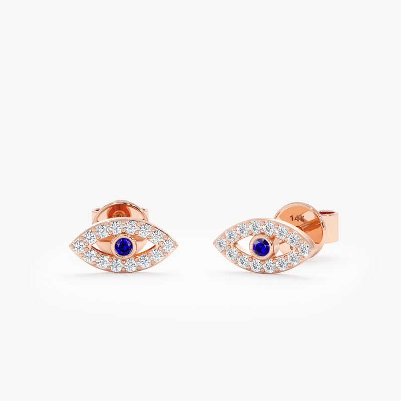 handmade pair of solid rose gold eye shape diamond lined with blue sapphire stud earrings