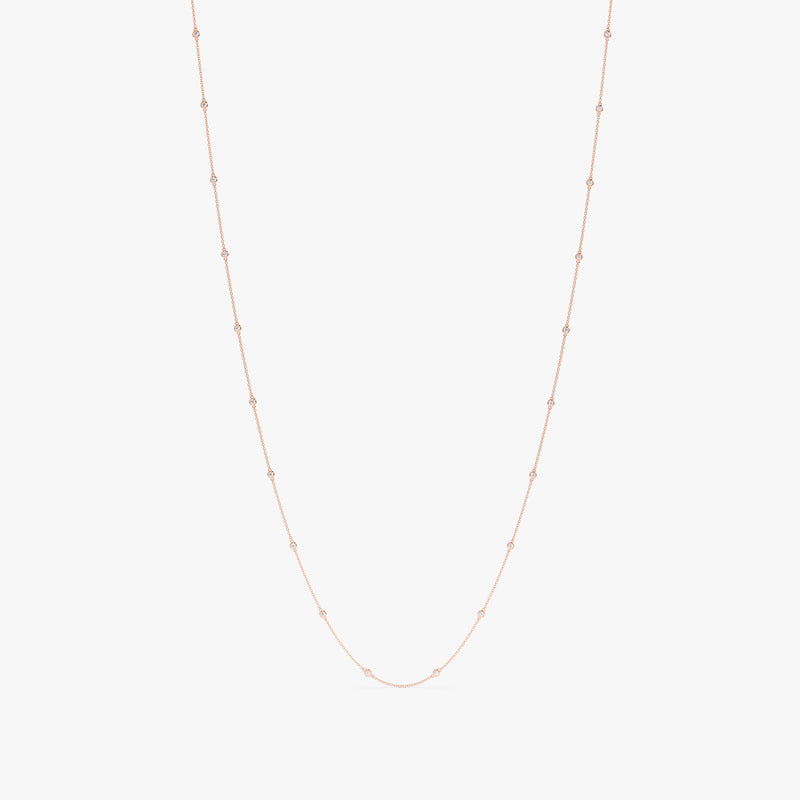 long 14k solid rose gold multiple diamond station necklace