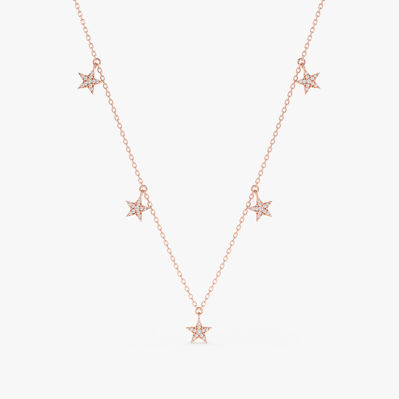 solid 14k rose gold necklace with hanging star charms with paved diamonds