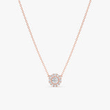 handcrafted 14k solid rose gold necklace with diamond paved disc halo pendant
