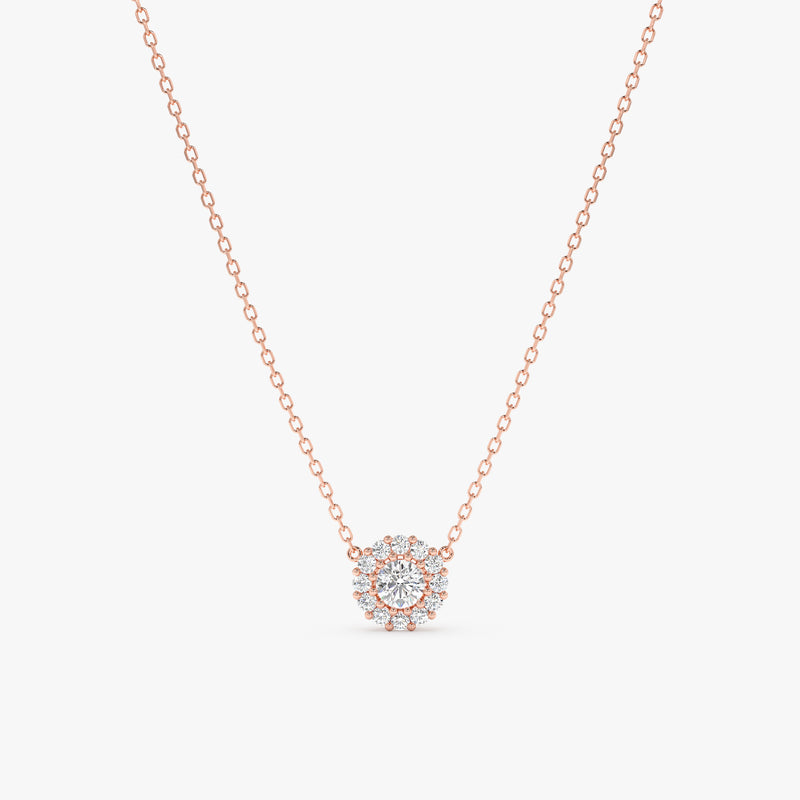 handcrafted 14k solid rose gold necklace with diamond paved disc halo pendant