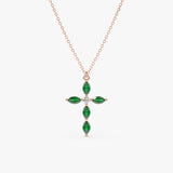 handcrafted 14k solid rose gold marquise emerald cross pendant necklace