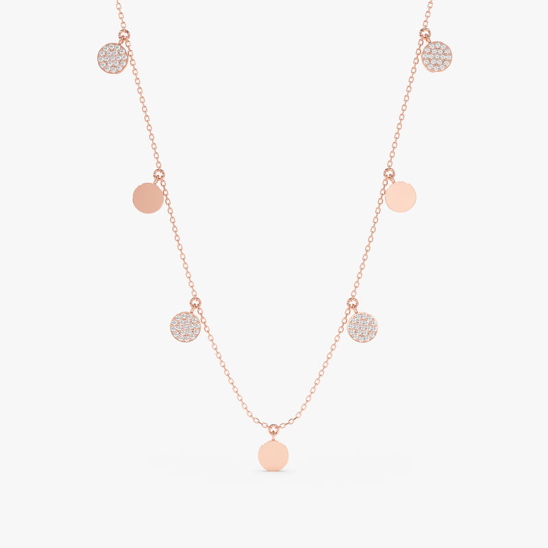 Gold, silver, or rose gold mixed coin drop necklace with diamonds.