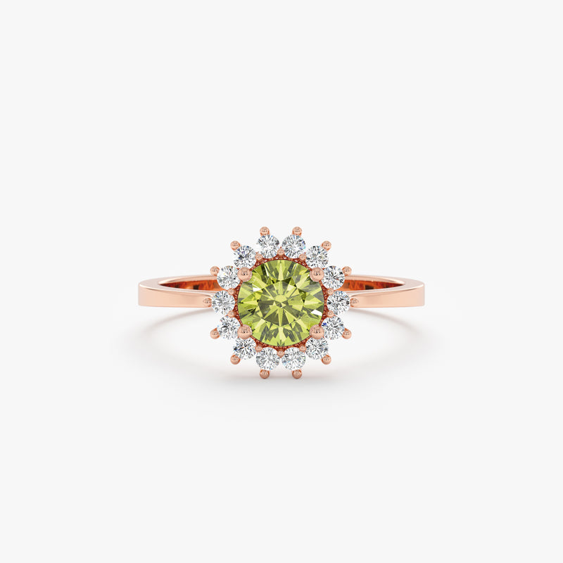 14k rose gold diamond engagement ring with single peridot stone 