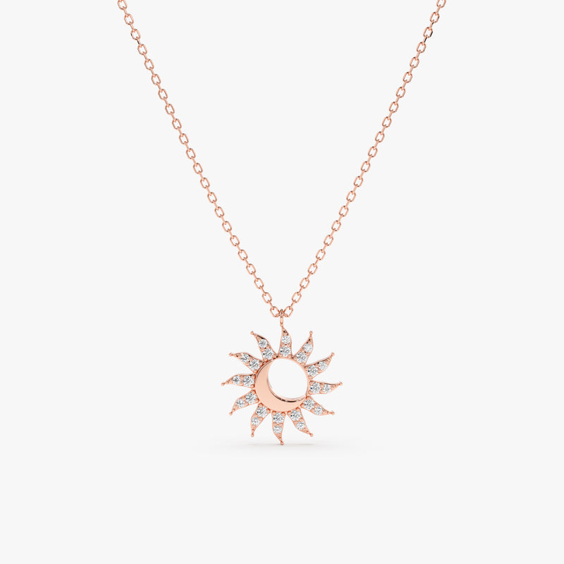 handcrafted solid 14k rose gold sun and moon pendant with natural paved diamonds