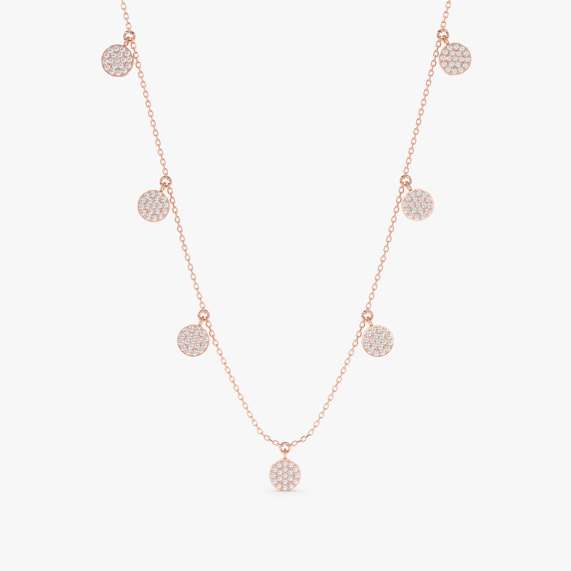 handcrafted solid rose gold necklace with multiple hanging diamond paved discs