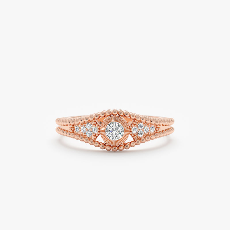 solid rose gold ring with round diamonds and beaded frame