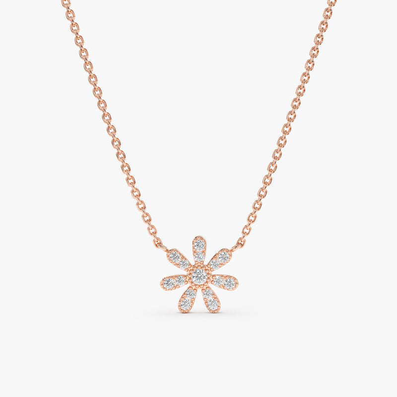 14k solid rose gold diamond flower daisy necklace