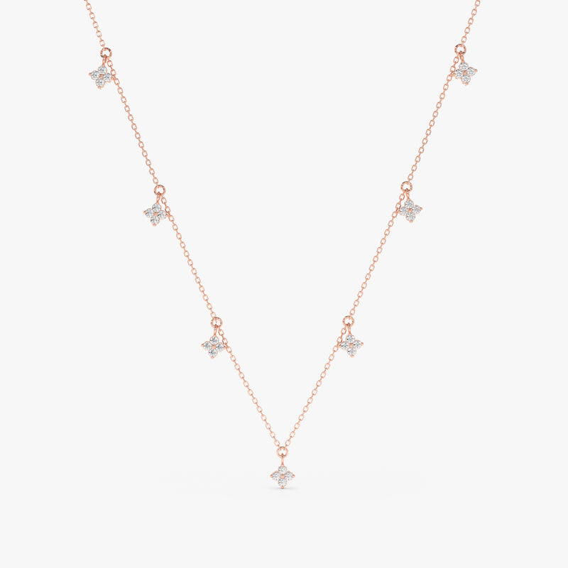 solid Rose gold layering necklace with diamond clover charms